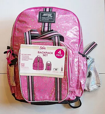 Justice Girls Pink Stars 4-pc Set: Backpack Lunch Tote Pencil Case & Keychain • $17.99