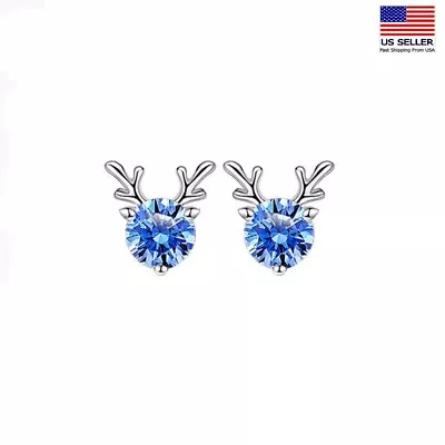 Women 925 Sterling Silver Crystal Studs Christmas Elk Antlers Earrings 1011 • $6.99