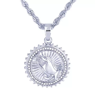 Men's Silver Tone CZ Pray Hand  Medallion Pendant 20  Rope Chain Necklace M59 S • $10.99