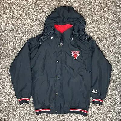 VTG Starter Chicago Bulls Zip Jacket Black Hooded 90s Y2k Jordan Era Mens XS • $49.99