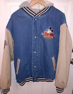 Vintage Mickey Mouse Varsity Denim Jacket W/removable Hood  Size Large • $140