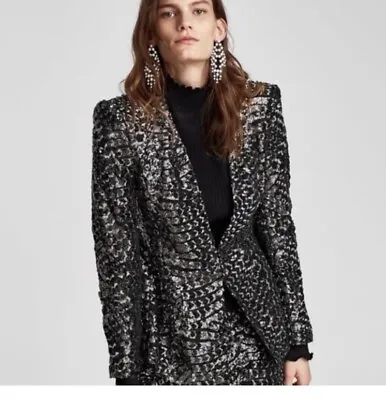 Zara Basic Collection Black & Silver Sequin Fitted Blazer Size M • $36