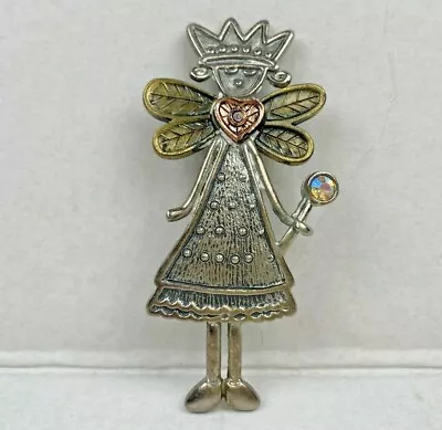 Vintage Brooch Pin Fairy Pewter Brass Copper Aurora Borealis Crown Wand • $23.75