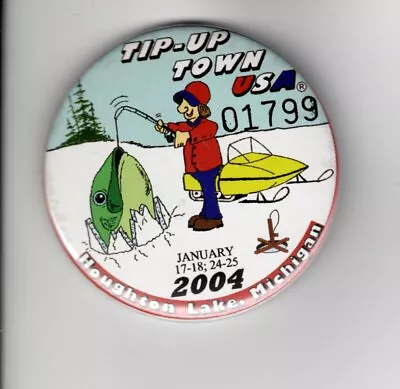 2004 Tip Up Town Badge Pin Pinback-michigan Dnr Deer Bear Fishing Patch License • $8.99