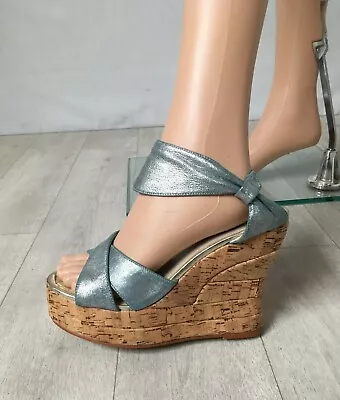 £55 • Buy VINTGE Silver Blue Metallic Leather D-Havz TerryDeHavilland Cork Wedges EU40/UK7