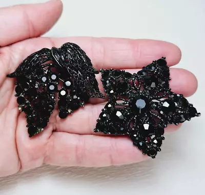 2 Vintage Black Rhinestone Japanned Black Brooches Grapes Star • $18