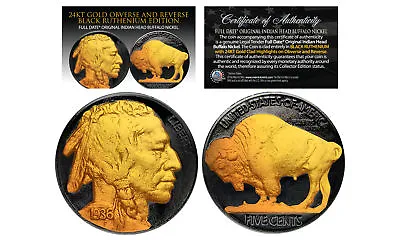 1930's BLACK RUTHENIUM / 24K GOLD Original Indian Head Buffalo Nickel FULL DATES • $15.95