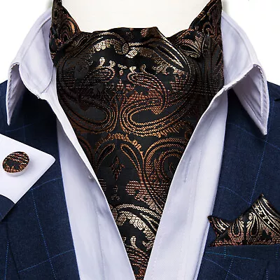 USA Mens Silk Ascot Cravat Tie Gold Paisley Floral Hanky Cufflinks Set Wedding • $10.82