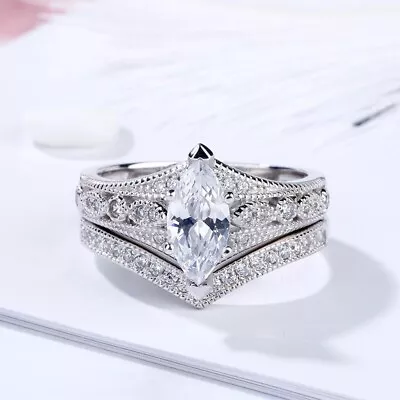 2.25Ct Marquise Simulated Diamond 14K White Gold Over Bridal Engagement Ring Set • $118.44