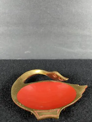 $8 • Buy Vintage Hakuli Israel Enamel & Brass Swan Bird Footed Trinket Dish Orange As-Is