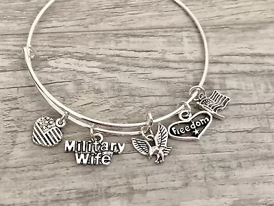 Military Wife Freedom Flag Eagle Silver Charms Expandable Bangle Bracelet  • $4.75