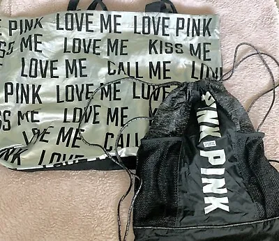 Victoria's Secret Pink Drawstring Backpack & Bag Tote Duffle Bag Lot Of 2 • $1.99