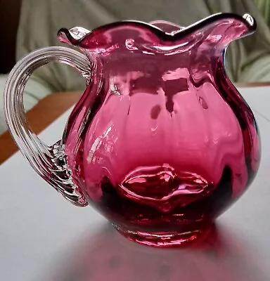 Vtg Pilgrim Glass Handblown Cranberry Pitcher Ruffled Edge Incised P 3.5  Tall • $25