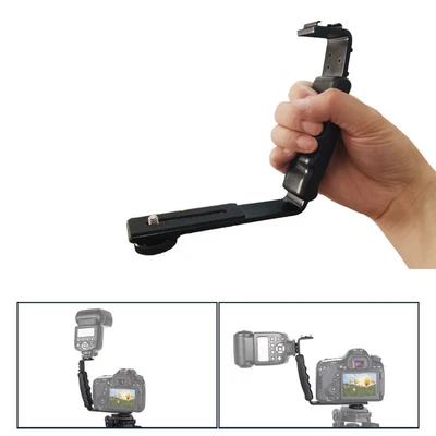 L Shaped Flash Bracket DSLR Camera Holder Dual Hot Shoe Mount Handle Video Mic * • $14.39