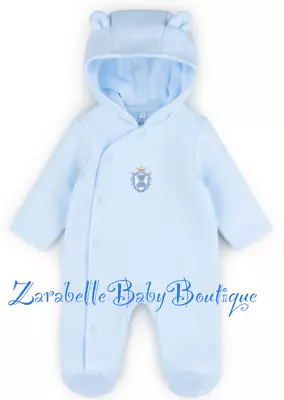 Baby Boy Blue Pram Suit All In One Outfit Romper Teddy Crown Embroidery Hooded • £14.90