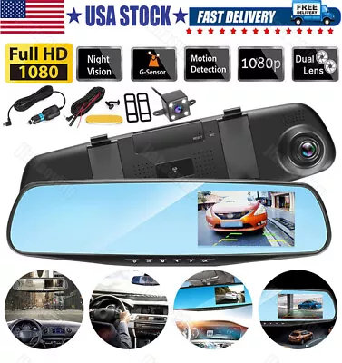 1080P HD Rearview Mirror Car DVR Dual Dash Cam Camera Front Rear Video Recorder • $21.99