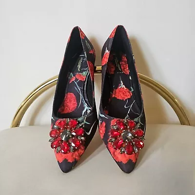 Authentic Dolce And Gabbana Red Black Floral Jeweled Closed Toe Pumps 37 • £216.95