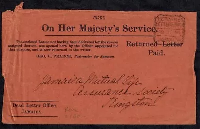 Jamaica 1907 OHMS Returned Letter Cover W/ BOXED RETURNED LETTER BRANCH KINGSTON • $100