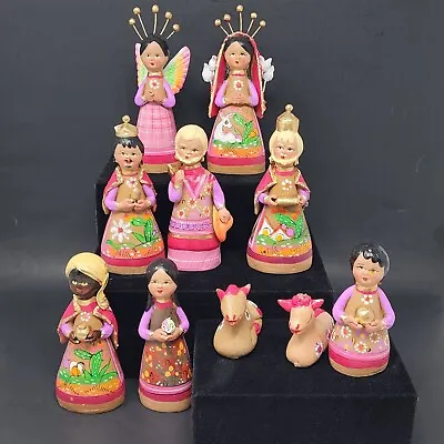 Mexican Pottery Nativity Figures Folk Art Clay 10 Pieces UV Glow Vintage • $79.99