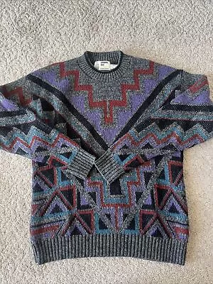 Vintage London Fog Sweater Mens Large Black Colorful Geometric Crew Neck USA • $30