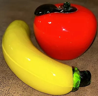 Vintage Murano Style Art Glass Large Hand Blown Fruit Set Of 2 Apple And Banana • $29.86