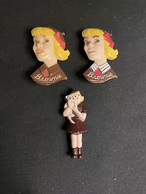 THREE Vintage 1950s BROWNIE GIRL SCOUT PINS - FIGURAL Girl With Cat Kitten +More • $19.99