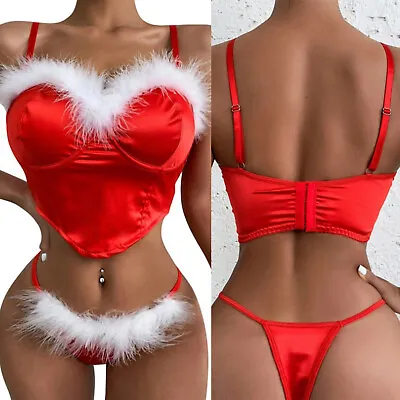 Woman's Mrs Santa Claus Christmas Costume Lingerie Outfits Bra Top + Thongs Sexy • $8.41