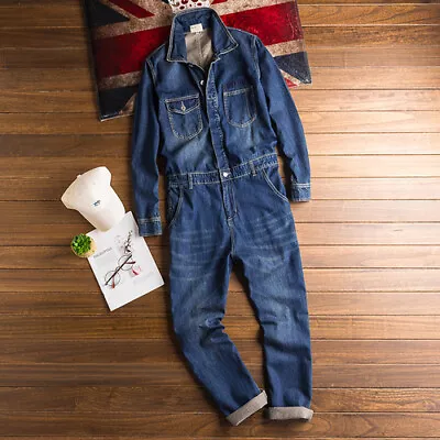 Vintage Men's Denim Jumpsuit Casual Slim Fit Overalls Jeans Trousers Cowboy Pant • $79.71