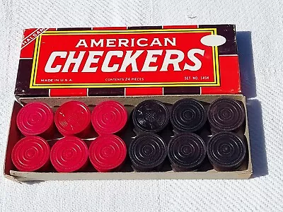Vintage Halsam American Checkers Set 145H Black Red Double Sided Embossed Wood • $16.49