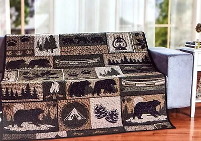 BEAR CAMP Wilderness Cabin Quilted Throw Blanket 50  X 60  By DeLeon • $39.99