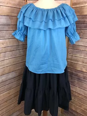 Vintage Womens Square Dance Set 2pc Dark Blue Skirt XL & CircleT Blue Top Blouse • $92