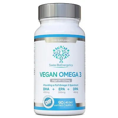 Vegan Omega 3 90 Soft Gels - Algal Oil 1332 Mg - Providing  DHA + EPA +DPA • £19.97