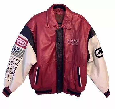 Vintage Ecko Unltd Men’s Red White Sleeve Tonko Paris Leather Bomber Jacket M • $1300