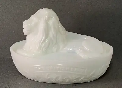 Antique Victorian Milk Glass Covered Lion Covered Butter Dish THE BRITISH LION  • $70