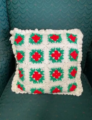 $29.95 • Buy Vintage Crochet Granny Square Throw Pillow Christmas Shabby Afghan Retro
