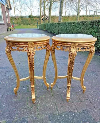 Louis XVI Gold Pedestals/Side Tables: Pair With Beige Marble Tops • $1450