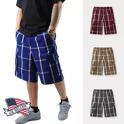 Mens Plaid Cargo Shorts Checkered Multi Pocket Pants • $24.99