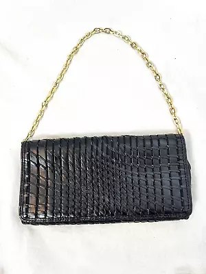Cole Haan Black Woven Leather Clutch Pure Gold Chain Strap Purse • $25
