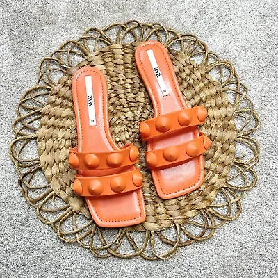 Zara Flat Rubberized Studded Sandals Orange Summer Beach Size 38/7.5 • $35.59