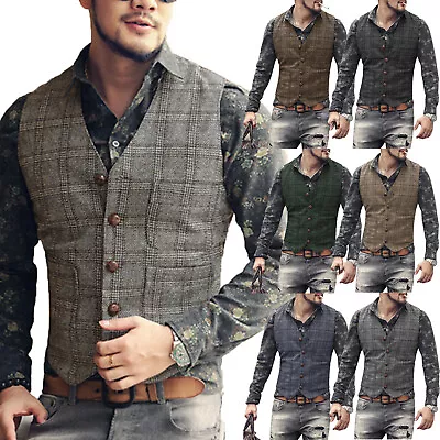 Mens Tweed Waistcoat Vintage Cowboy Vest Retro Formal Business Work Vests S-3XL • $39.59