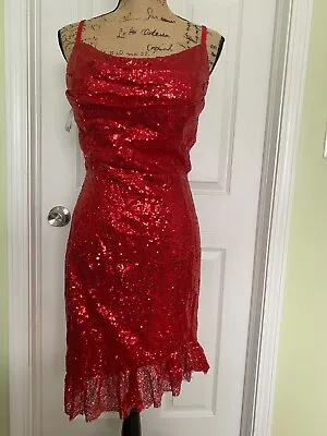 Women’s Short Homecoming Dress Teens Ruffle Hem Sparkly Sequin Cowl Neck Red 14 • $19.99