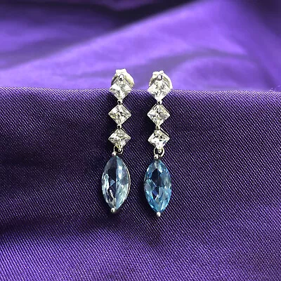 HSN Dangle Drop Earrings Simulated Diamond & Aquamarine Silver Pre-owned Jewelry • $0.99