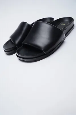 Zara Black Leather Padded Flat Sandals. NWT.  Blogger Fave. Size 7.5 • $29.99