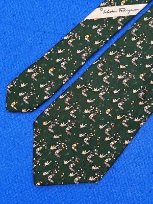 Authentic Salvatore Ferragamo Gardener  Design On Green 100% Silk Necktie Tie • $34.14