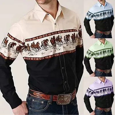 Mens Western Long Sleeve Shirts Casual Slim Button Down Dress Shirt Blouse Tops • $29.64