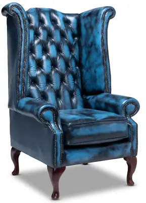 Chesterfield Extra Highback Queen Anne Chair Antique Blue Leather • £759.99