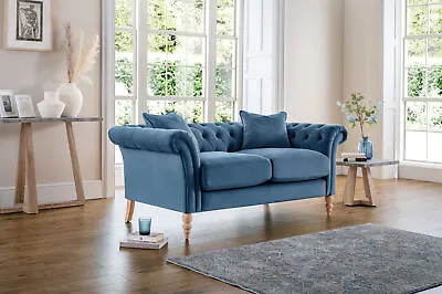 **Seconds** Olivia 2 Seater Modern Chesterfield Sofa Upholstered In Blue Velvet • £389.99