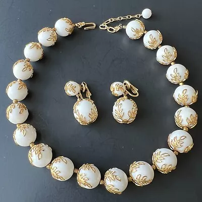 Signed CROWN TRIFARI Vtg White Bead Necklace & Earrings SET Filigree Leaf A793 • $29