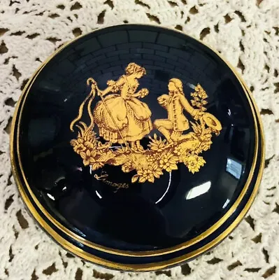 Limoges Veritable Porcelaine D’Art Cobalt Blue Gold Lord Lady Round Trinket Box • $29.99