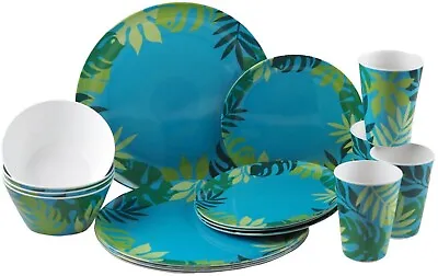 16pc Dinner Set Melamine Crockery Leaves Design Motorhome Caravan Plate Bowl Mug • £39.95
